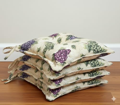 Thick Reversible Grapes Design Square Kitchen Chair Pads for Dining Chair, Set of 4, Soft and Comfortable Seat Cushions with Ties to be Secured to a Chair. Size: 18 x 18 Inches