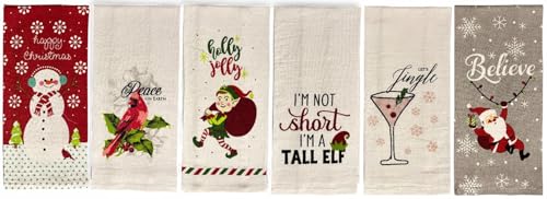 Set of 6, 100% Cotton Assorted Funny Christmas Kitchen Towels with Sentiments on White & Dark Linen Soft and Absorbent Tea Towels/Kitchen Towel Size: 15” x 25".