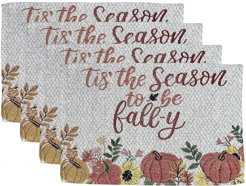 Set of 4, All Over The Leaves Autumn Fall Thanksgiving Harvest Tapestry Placemats Kitchen Dining Table Easy to Clean, Machine Washable Size: 13” x 19”.