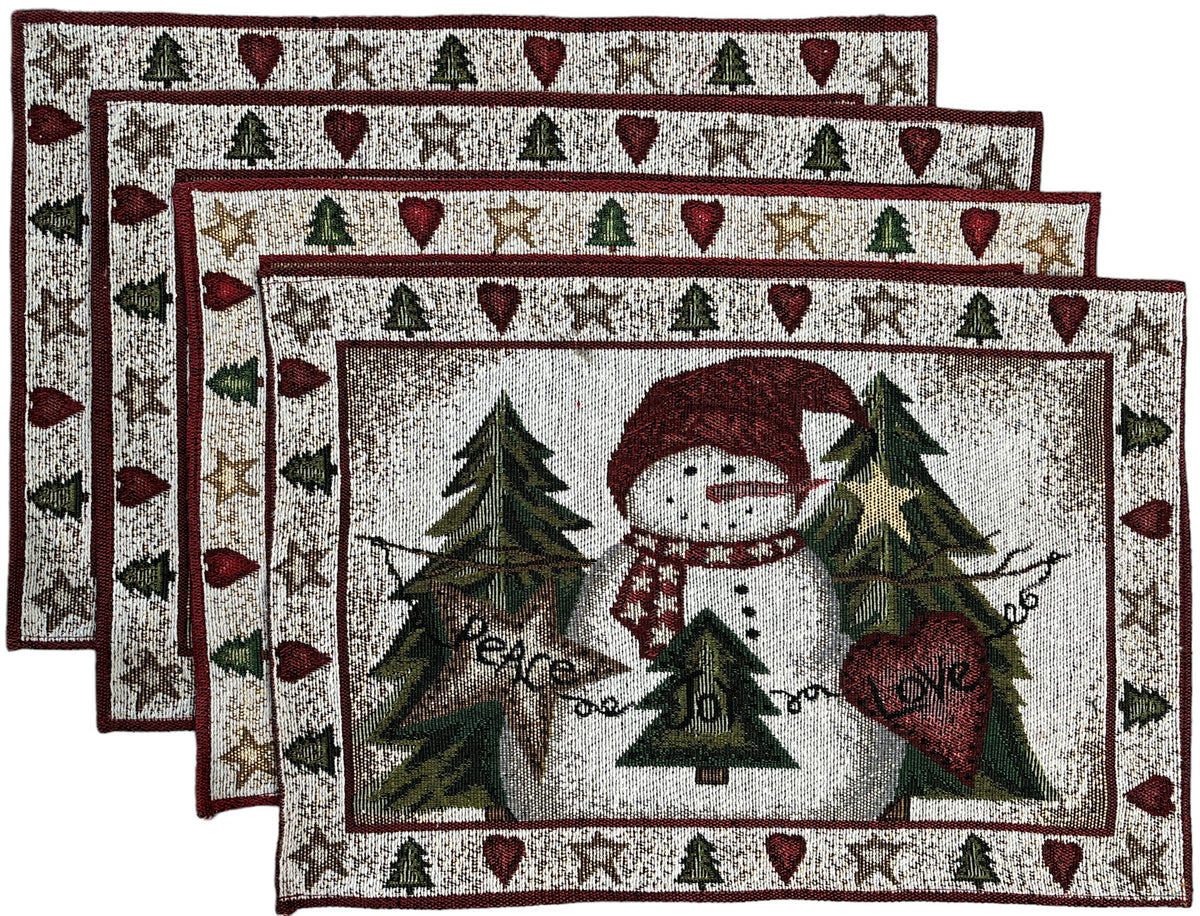 Set of 4, Christmas Tree, Snowman with Peace, Joy, Love Tapestry Placemats for Holiday Season, Home Decoration Kitchen Dining Table, Perfect for Party or Gifts. Easy to Clean Size: 13" x 19".