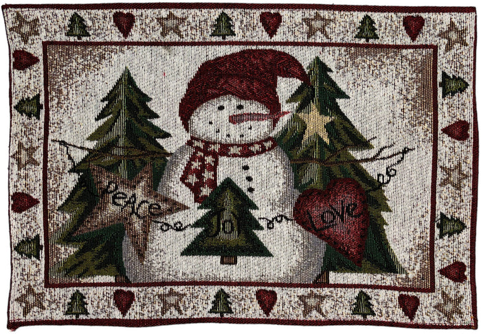 Set of 4, Christmas Tree, Snowman with Peace, Joy, Love Tapestry Placemats for Holiday Season, Home Decoration Kitchen Dining Table, Perfect for Party or Gifts. Easy to Clean Size: 13" x 19".