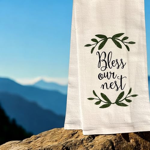 Bless Our Nest, 2 Pcs Cotton Soft and Absorbent Funny Flour Sack Kitchen Towels Dish Cloths for Home Decor, and Housewarming 16 X 28 Inches.