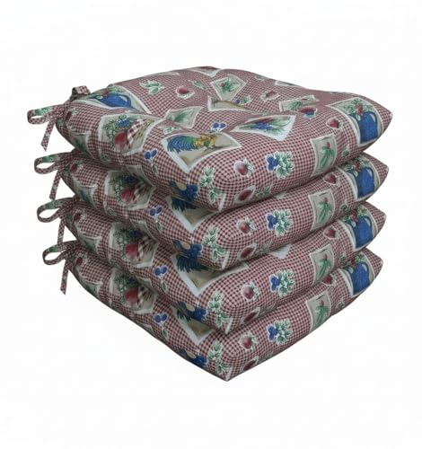 Thick Reversible Gingham Pattern with Planter, Rooster, and Leaf Design Kitchen Chair Pads for Dining Chair, Set of 4, Soft and Comfortable Seat Cushions with Ties to be Secured to a Chair.