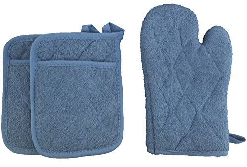 Set of 3, 100% Cotton Solid Color Heavy Duty Heat Resistant Kitchen Sets, Set Includes 1 Oven mitt, 2 Potholders.