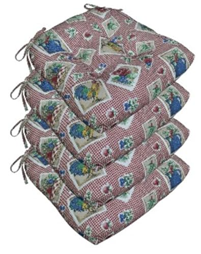 Thick Reversible Gingham Pattern with Planter, Rooster, and Leaf Design Kitchen Chair Pads for Dining Chair, Set of 4, Soft and Comfortable Seat Cushions with Ties to be Secured to a Chair.