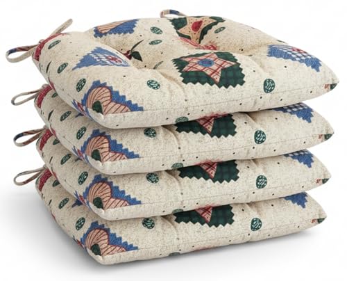 Thick Reversible Country-Style Patches with Stars, apples and checkered design Kitchen Chair Pads for Dining Chair, Set of 4, Soft and comfortable Seat cushions with Ties to be secured to a chair.