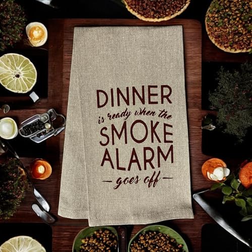 Dinner is Ready When The Smoke Alarm goes Off. Two-Piece Cotton Soft and Absorbent Funny Flour Sack Kitchen Towels Dish Cloths for Home Decor and Housewarming 15 X 25 Inches.