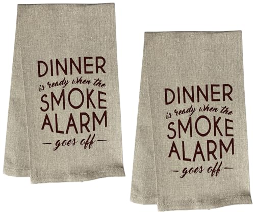 Dinner is Ready When The Smoke Alarm goes Off. Two-Piece Cotton Soft and Absorbent Funny Flour Sack Kitchen Towels Dish Cloths for Home Decor and Housewarming 15 X 25 Inches.