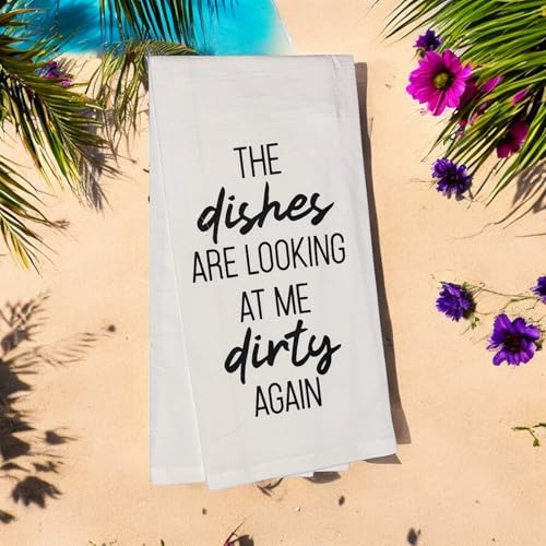 The Dishes are Looking at me Dirty Again. Set of 2, Flour Sacks Kitchen Towels Size: 20 x 30 Inch.