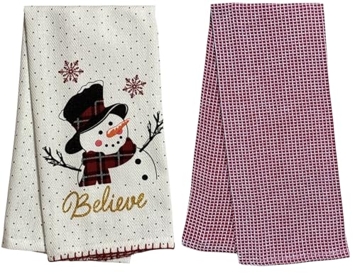 Believe with Snowman, Snowflakes, and Polkdot on White Herringbone and Red Waffle Weave, 4 Pcs Cotton Kitchen Towels, Soft and Absorbent, Size: 16” x 28".