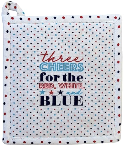 Set of 4, 100% Cotton Americana Theme Design Quilted Hanging Loop Kitchen Sets with Three Cheers for The Red, White, Blue Include 2 Kitchen Towels, Pot Holder & Oven mitt.