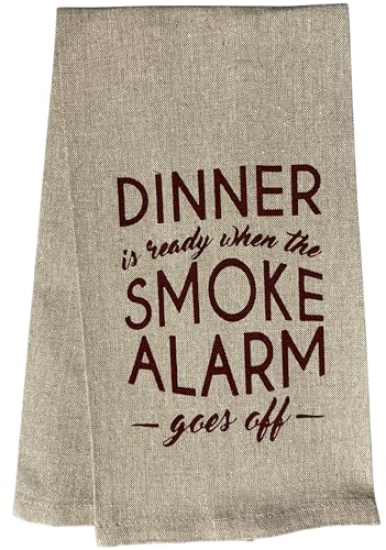 Dinner is Ready When The Smoke Alarm goes Off. Two-Piece Cotton Soft and Absorbent Funny Flour Sack Kitchen Towels Dish Cloths for Home Decor and Housewarming 15 X 25 Inches.