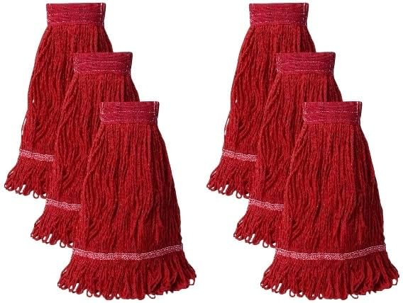 Wet Mop Heads Replacement: 6 Pack, Cotton Blended Commercial Heavy Duty Looped End String Mop Head, 5-Inch Wide Red Headband for Home, Industrial, and Commercial Use.