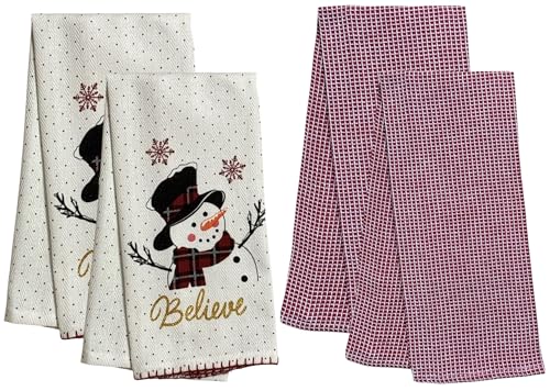 Believe with Snowman, Snowflakes, and Polkdot on White Herringbone and Red Waffle Weave, 4 Pcs Cotton Kitchen Towels, Soft and Absorbent, Size: 16” x 28".