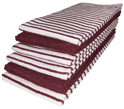 Six Pack, Horizontal Stripes, Four Stripes, and Two Plain Terry Kitchen Towels. Highly Absorbent, Maximum Softness and Machine Washable. Size: 16 x 26 inches.