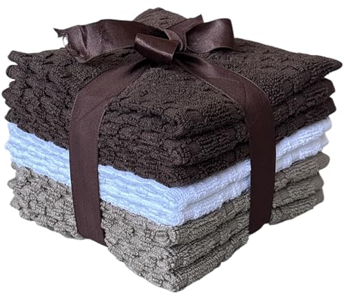 Wash Cloths Set of 8 - Checkered Design 100% Cotton Washcloths, Designed to exfoliate Your Hands, Body and face - Soft and Extra Absorbent Size 12" X 12".