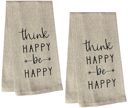 Think Happy be Happy, 2 Pcs Cotton Soft and Absorbent Funny Flour Sack Kitchen Towels Dish Cloths for Home Decor, and Housewarming 15 X 25 Inches.