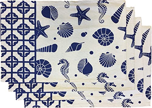 Set of 4, Coastal Nautical Seashell, Seahorse, Starfish, Shell Design Tapestry Placemats for Kitchen Dining Table Mats, Easy to Clean, Machine Washable. Size: 13" x 19".