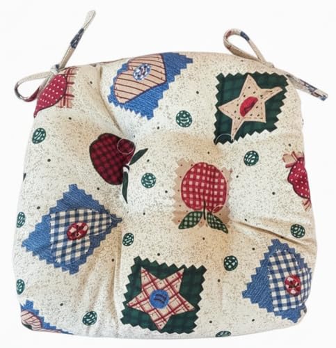 Thick Reversible Country-Style Patches with Stars, apples and checkered design Kitchen Chair Pads for Dining Chair, Set of 4, Soft and comfortable Seat cushions with Ties to be secured to a chair.