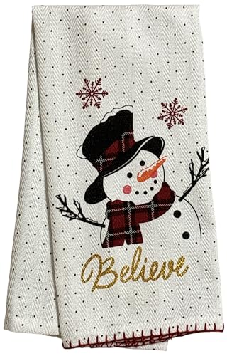 Believe with Snowman, Snowflakes, and Polkdot on White Herringbone and Red Waffle Weave, 4 Pcs Cotton Kitchen Towels, Soft and Absorbent, Size: 16” x 28".