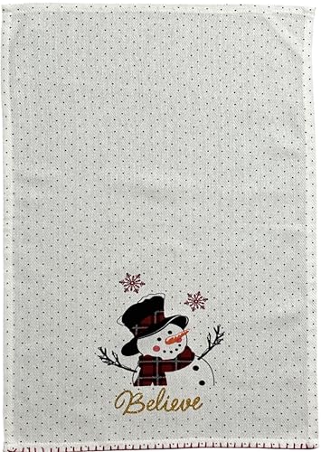Believe with Snowman, Snowflakes, and Polkdot on White Herringbone and Red Waffle Weave, 4 Pcs Cotton Kitchen Towels, Soft and Absorbent, Size: 16” x 28".