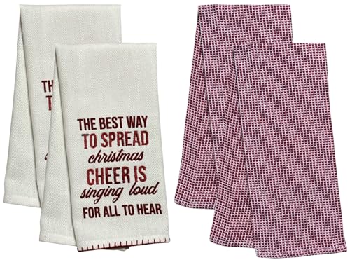 The Best Way to Spread Christmas Singing Loud for All to Hear on White Herringbone and Red Waffle Weave, 4 Pcs Cotton Kitchen Towels, Soft and Absorbent, Size: 16” x 28".
