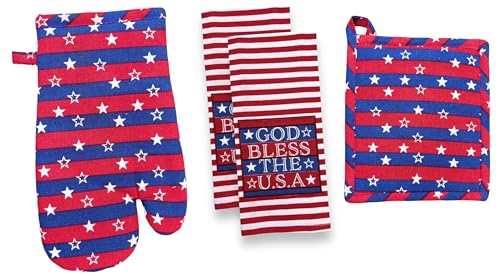 Set of 4, 100% Cotton Americana Theme Design Quilted Hanging Loop Kitchen Sets with God Bless The USA Include 2 Kitchen Towels, Potholder & Oven mitt.