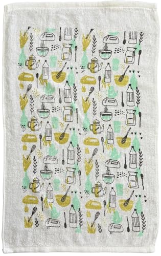 Cooking Kitchen Utensils Design 100% Cotton Printed Kitchen Linen Set of 7, 2 Kitchen Towels, 2 Dish cloths, 2 Pot Holder, 1 Oven mitt, Non Slip, Washable, and Heat Resistant. (Utensils)