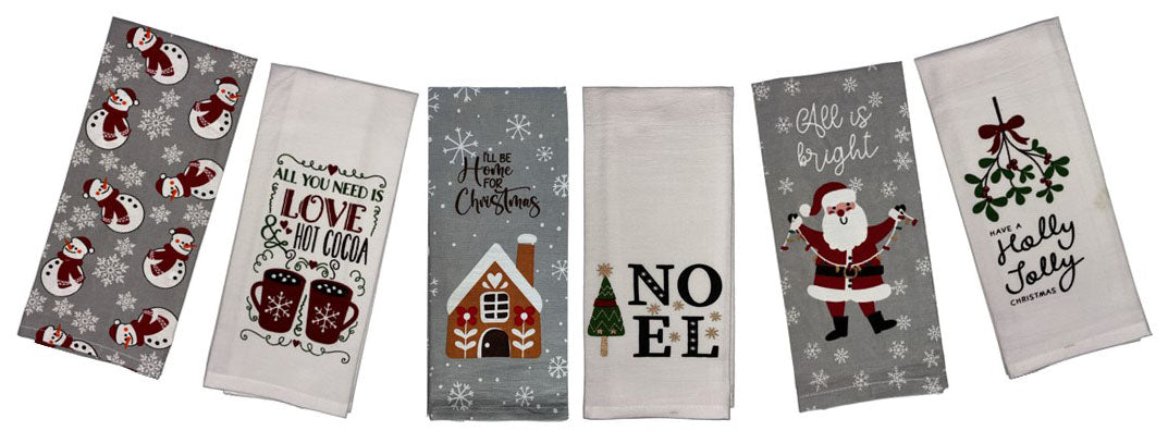 Set of 6, 100% Cotton Assorted Funny Christmas Kitchen Towels with Sentiment on White Linen Vintage Saying Tea Towels/Kitchen Towel Size: 15” x 25".