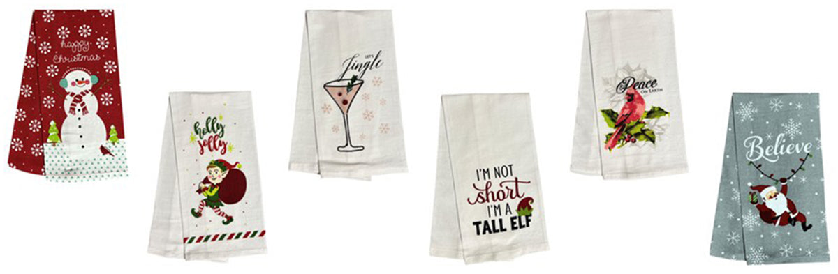Set of 6, 100% Cotton Assorted Funny Christmas Kitchen Towels with Sentiments on White & Dark Linen Soft and Absorbent Tea Towels/Kitchen Towel Size: 15” x 25".