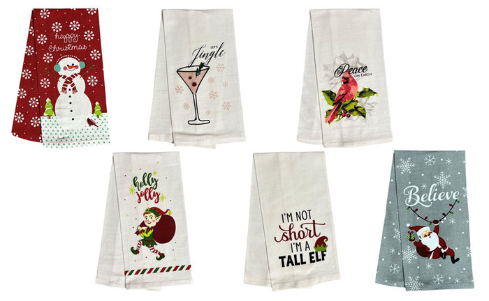 Set of 6, 100% Cotton Assorted Funny Christmas Kitchen Towels with Sentiments on White & Dark Linen Soft and Absorbent Tea Towels/Kitchen Towel Size: 15” x 25".