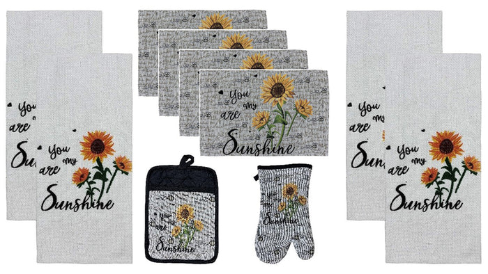 Set of 10, You are My Sunshine and Sunflower Design Tapestry Kitchen Towel Set, Include 4 Placemats, 4 Kitchen Towels, Potholder & Oven mitt.