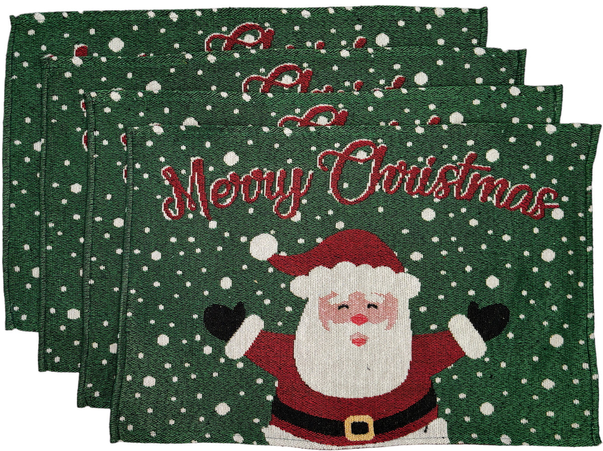 Set of 4, Snowfall Laughing Santa Claus Saying Merry Christmas Tapestry Placemats for Holiday Season, Home Decoration Kitchen Dining Table Easy to Clean Size: 13" x 19".