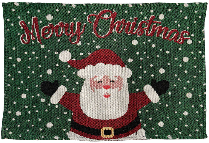 Set of 4, Snowfall Laughing Santa Claus Saying Merry Christmas Tapestry Placemats for Holiday Season, Home Decoration Kitchen Dining Table Easy to Clean Size: 13" x 19".