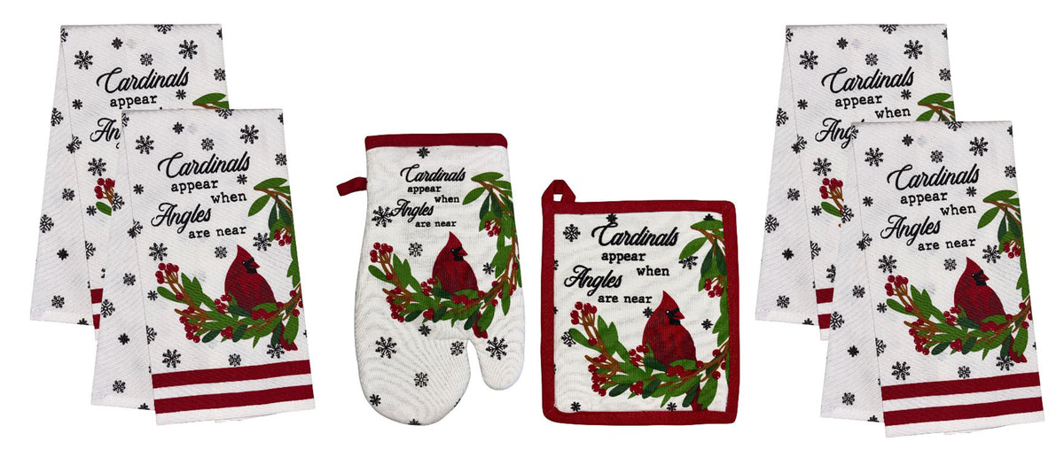 Cardinal Bird, berries, snowflakes with Cardinals appear when angels are near, 6 Pack Holiday Season Kitchen Towel Sets, 4 Kitchen Towels, Pot Holder & Oven mitt.