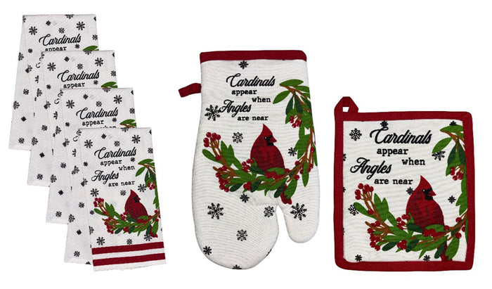 Cardinal Bird, berries, snowflakes with Cardinals appear when angels are near, 6 Pack Holiday Season Kitchen Towel Sets, 4 Kitchen Towels, Pot Holder & Oven mitt.