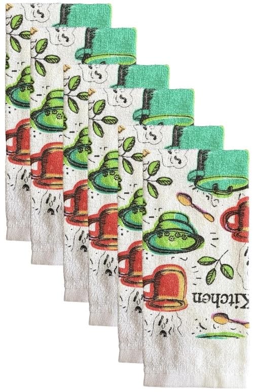 Set of 6, Kitchen Art Design Printed Cotton Kitchen Towels Highly Absorbent and Soaking up Water Quickly Size: 15 x 25 inch.