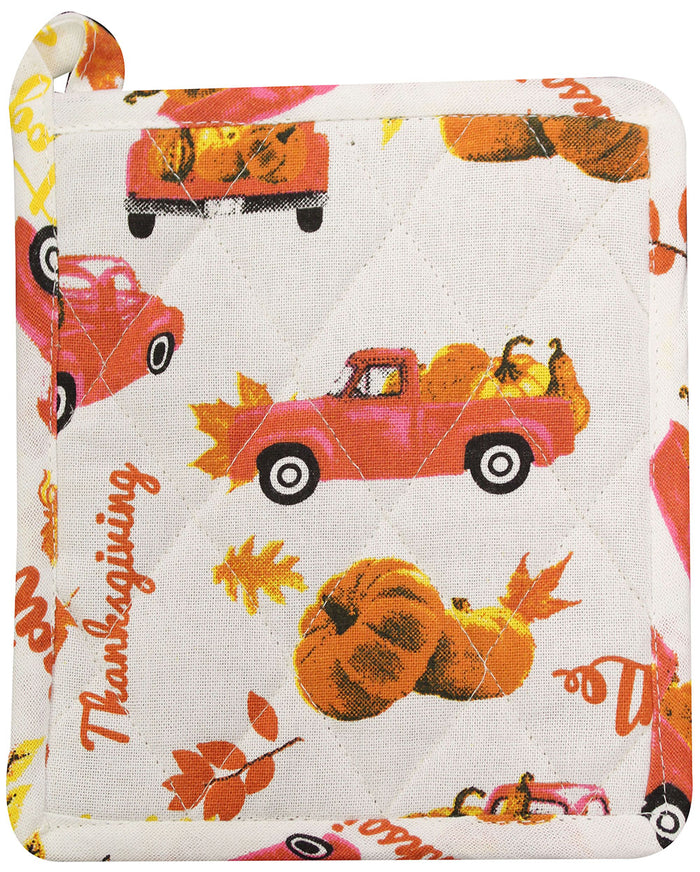 Vintage Red Truck Pumpkin and Leaf with Fall Sentiment Thanksgiving, Together Set of 6, Kitchen Towels Set 4 Kitchen Towels, Potholder, Oven Mitt.