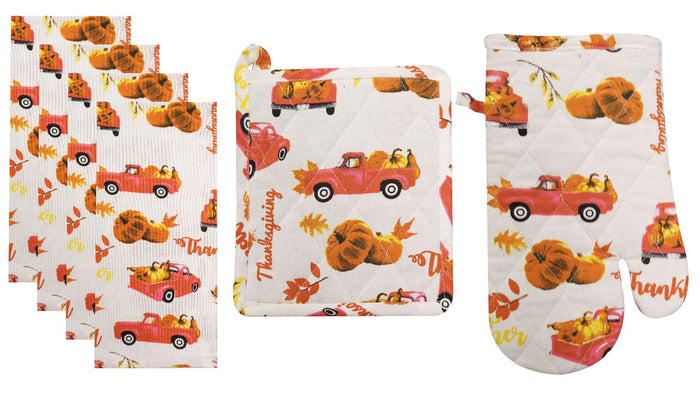 Vintage Red Truck Pumpkin and Leaf with Fall Sentiment Thanksgiving, Together Set of 6, Kitchen Towels Set 4 Kitchen Towels, Potholder, Oven Mitt.