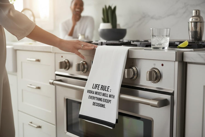 Set of 2, 100% Cotton White Printed Flour Sack Kitchen Towels Life Rule: Vodka mixes Well with Everything Except Decisions. - Size: 15 X 25 inches.
