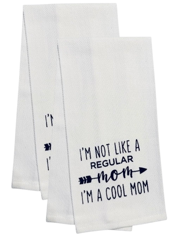 Set of 2, 100% Cotton White Printed Flour Sack Kitchen Towels I am not Like a Regular mom, I'm Cool mom for Home Decor, Housewarming 16 X 28 Inch.