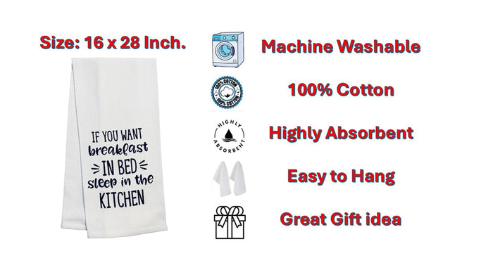 Set of 2, 100% Cotton White Printed Flour Sack Kitchen Towels If You Want Breakfast in Bed, Sleep in the Kitchen for Home Decor, Housewarming 16 X 28 Inch.