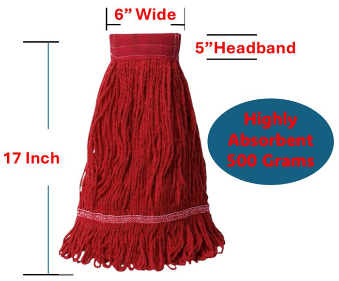 Wet Mop Heads Replacement: 6 Pack, Cotton Blended Commercial Heavy Duty Looped End String Mop Head, 5-Inch Wide Red Headband for Home, Industrial, and Commercial Use.