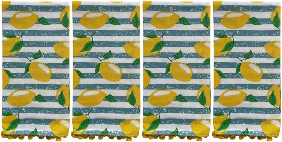 100% Cotton Lemon Pompom Design Kitchen Towels and matching apron Size: 16 x 28 Inch. Perfect Gift for Wedding, Baby Shower, Home Décor.