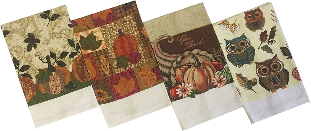 Set of 4, Fall Terry Velour Printed Terry Kitchen Towels Assorted Design Size :