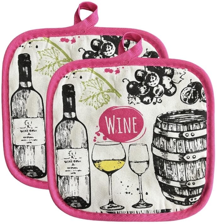 Wine and Barrel Design 100% Cotton Printed Kitchen Linen Set of 7, 2 Kitchen Towels, 2 Dish cloths, 2 Pot Holder, 1 Oven mitt, Non Slip, Washable, and Heat Resistant. (Wine+Barrel)