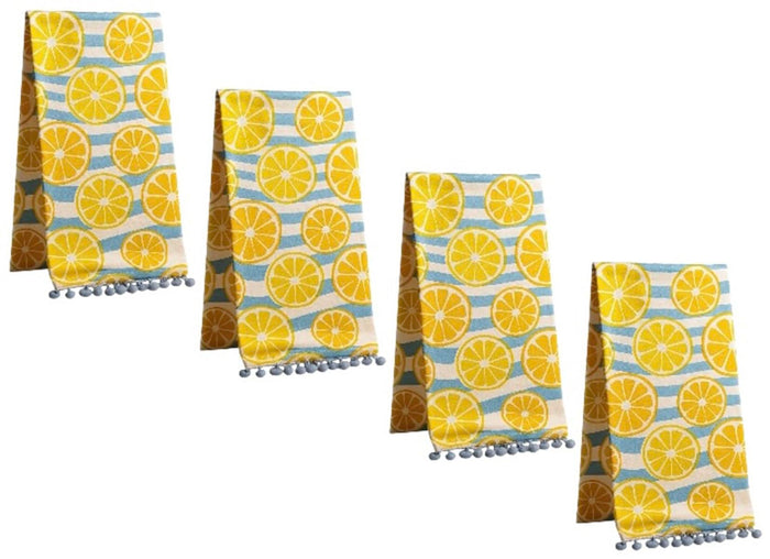 Set of 4, 100% Cotton Lemon Design pom-pom Kitchen Towels Size: 16 x 28 inches for Wedding, Baby Shower, Home Décor.