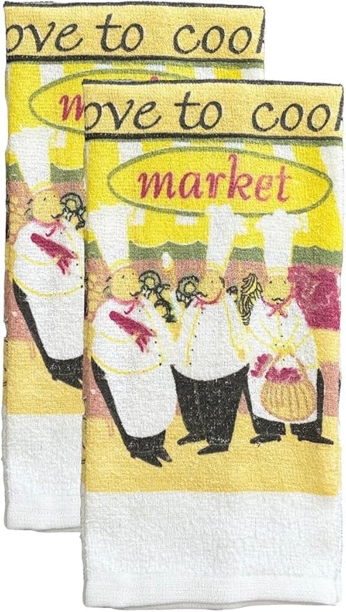 Set of 6, Love to Cook Market Design Printed Cotton Kitchen Towels Highly Absorbent and Soaking up Water Quickly Size: 15 x 25 inch.