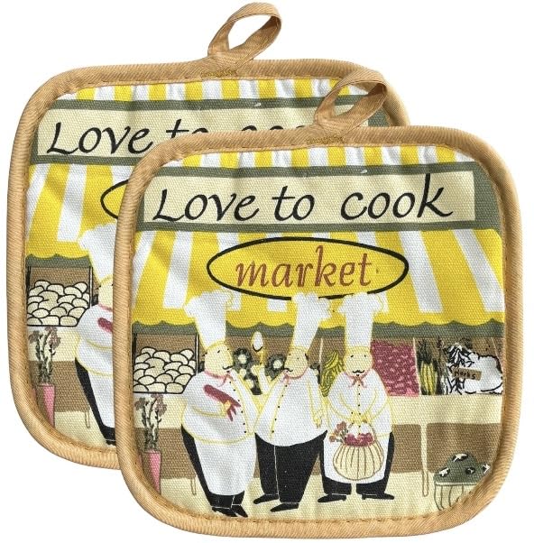 Chef Love to Cook Market Design 100% Cotton Printed Kitchen Linen Set of 7, 2 Kitchen Towels, 2 Dish cloths, 2 Pot Holder, 1 Oven mitt, Non Slip, Washable, and Heat Resistant. (Chef Cook)