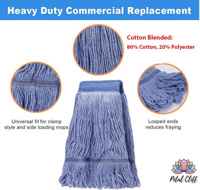 Wet Mop Heads Replacement: 6 Pack, Cotton Blended Natural Yarn, Heavy Duty Cut-end String Mop 5-inch Wide Headband for Home, Industrial, and Commercial Use.